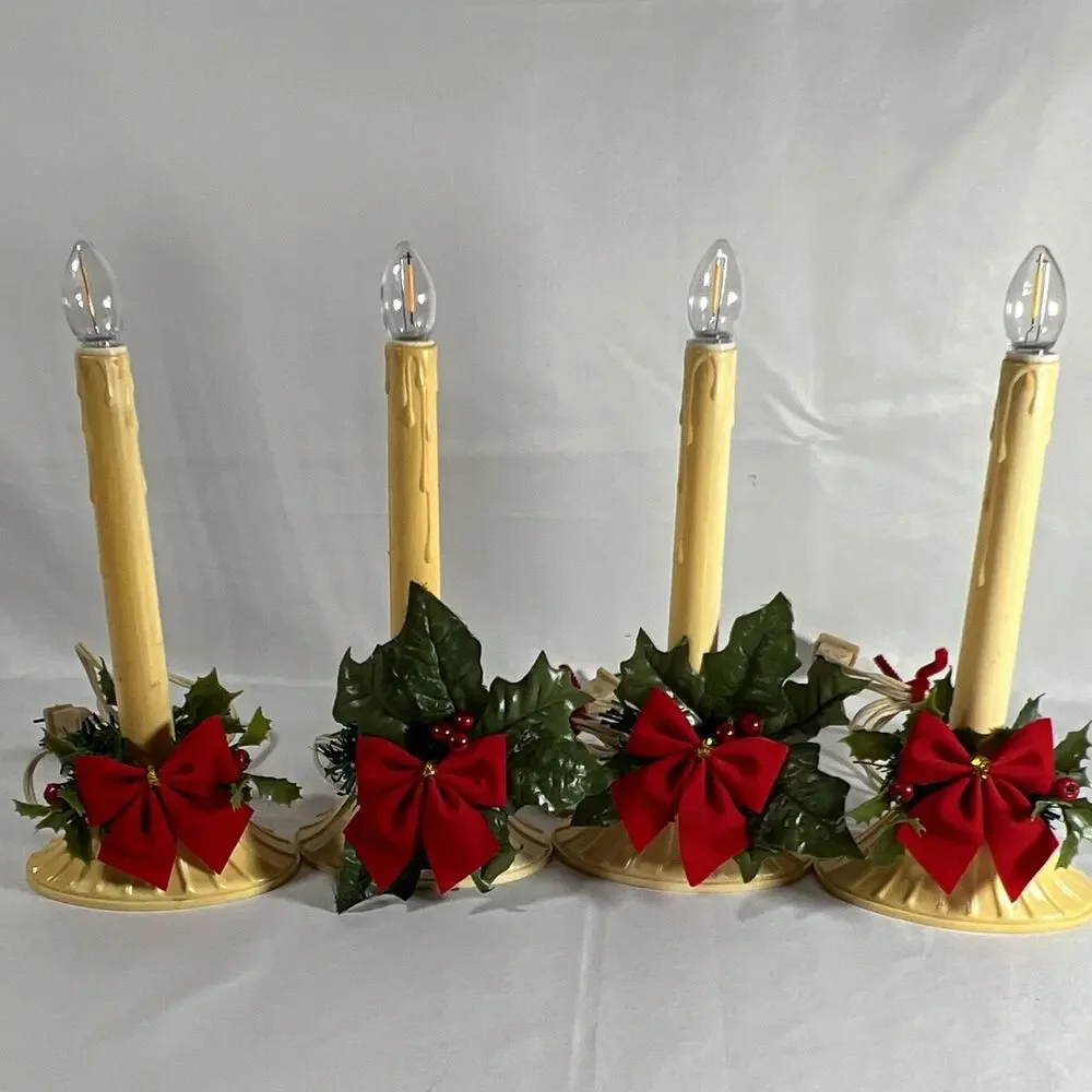 Vintage Set of 4 Plug-In Electric Christmas Window Candle Lights Holly Red Bows